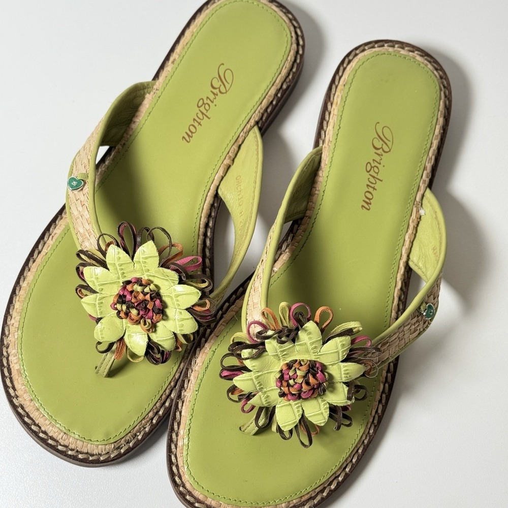 Brighton Orchid Flip Flops Womens Size 6.5 Green Leather Slip On Sandals - Picture 9 of 13